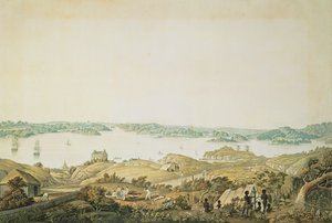 ポートジャクソンの港の一部、シドニーとブルーマウンテンの間にある国、ニューサウスウェールズ州、パノラマビューの右側のセクション、1821年頃（アクアチント） 作： Major James Taylor
